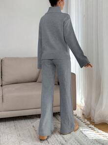 EURMUSE Women Relaxed Fit Turtle-Neck Sweater With Rib Knit Detailed And Straight Knit Pant Set - Grey - View 2