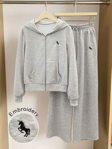 SHEIN LUNE Women's Fashion Casual Solid Color Embroidered Hooded Pocket Zip Up Loose Sweatshirt And Embroidered High Waist Drawstring Relaxed Straight Leg Sweatpants Set, Suitable For Daily, Sports And Leisure Wear Fall Cloth For Women