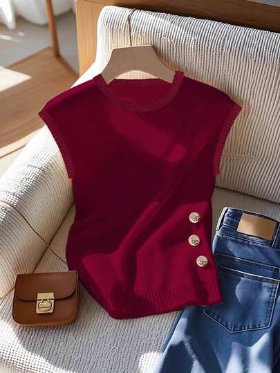 GlowEve Blusa casual de mujer con cuello redondo y diseño de botones en las mangas cortas