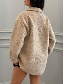 SHEIN EZwear 秋冬浅卡其色毛绒女大衣 - 杏色 - 查看 2
