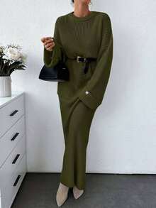 EURMUSE 女士纯色厚实毛衣和毛衣裙套装 - 軍綠色 - 查看 7