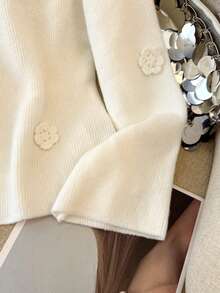 SHEIN Franclia French Handmade 3D Floral V-Neck Long Sleeve Knit Sweater