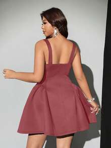 Viva Relle 加大码无袖纯色优雅荷叶边下摆紧身连衣裙 - 藕粉色 - 查看 5