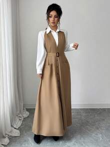 Elenzga Robe mi-longue évasée élégante pour femmes avec col ras-du-cou, ceinture et poches. Ensemble 2 pièces avec chemise blanche. Tenue de bureau/travail