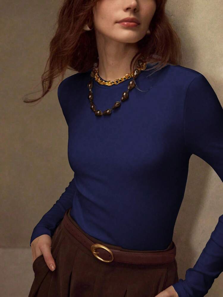 HIGH STRETCH SKIN-FRIENDLY SOLID COLOR ROUND NECK SLIM FIT FASHIONABLE LONG SLEEVE VERSATILE WOMEN'S BASE LAYER TOP