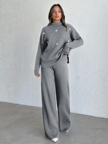 SHEIN Tall Women's Pearl Beaded Knit Sweater 2pcs/Set,Petite Co Ord,Co Ord,Petite,Winter Clothes, Tall Women - Light Grey - View 5
