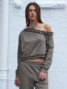 COUREZ Long Sleeve Off Shoulder Sweater With Frills Detail /Y2K  Women Clothes  Clothes Cute Tops Going Out Top Spring Clothes Grey Top - Grey - View 2