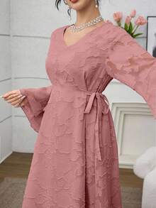 Modelyn V-Neck Jacquard Fabric Waist Bowknot Dress With Flared Hem, Plus Size, Long Sleeve - Pink - View 3