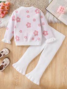 Conjunto de Suéter de Manga Longa com Gola Redonda e Estampa Floral Rosa e Calça Combinando para Meninas Jovens, Caimento Solto, Macio e Confortável, Adequado para Primavera/Outono, Uso Diário, Exterior, Viagem, Férias, Casa, Creche, Brincadeira - Rosa Bebê - Visão 2