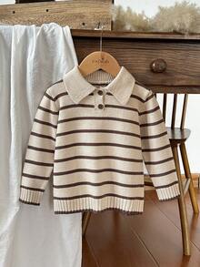 SHEIN Vintaside Kids 男婴条纹撞色针织毛衣，适合春季、秋季、冬季圣诞节、万圣节等场合穿着，秋季套头衫。 - 彩色 - 查看 3