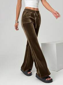 SHEIN EZwear Women's Brown Velvet Casual Pants, Simple & Fashionable For Everyday Wear