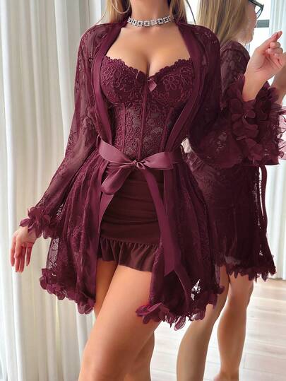 Set: 3D Bloemen Kanten Robe Fishbone Waist Camisole Nightgown Set Lingerie Sleepwear Sleeves