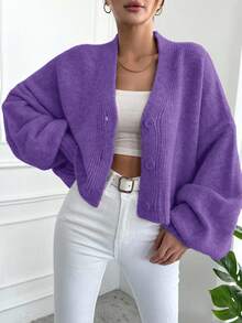 EURMUSE Women's Solid Color Drop Shoulder Long Sleeve Single Breasted Casual Loose Cardigan - Purple - View 5