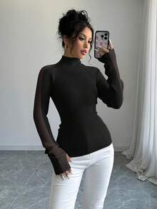 EMERY ROSE Women's Casual Everyday Commute Minimalist Two-Tone Turtleneck Thumb Hole Raglan Sleeve Slim Fit Sweater, Autumn/Winter