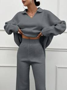 SHEIN Tall طقم من قطعتين/مجموعة بلون موحد كنزة بياقة مطوية وبنطال طويل للنساء الطويلات - رمادي فاتح - مشاهدة 6