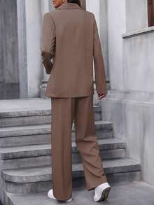 EMERY ROSE 女士纯色翻领长袖时尚百搭套装，女士裤装西装外套套装，棕色裤装套装，女士两件套，女士商务休闲装 - 咖啡棕 - 查看 2
