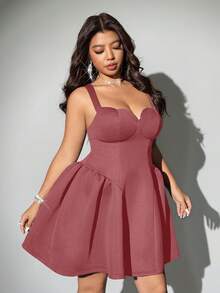 Viva Relle 加大码无袖纯色优雅荷叶边下摆紧身连衣裙 - 藕粉色 - 查看 3