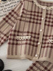 Girls Knitted Long Sleeve Sweater Casual 80s Plaid 2pcs Set For Autumn School Back-To-School Vintage Cardigan Ribbed Pants Suit For Young Girls Brown - Khaki - View 6