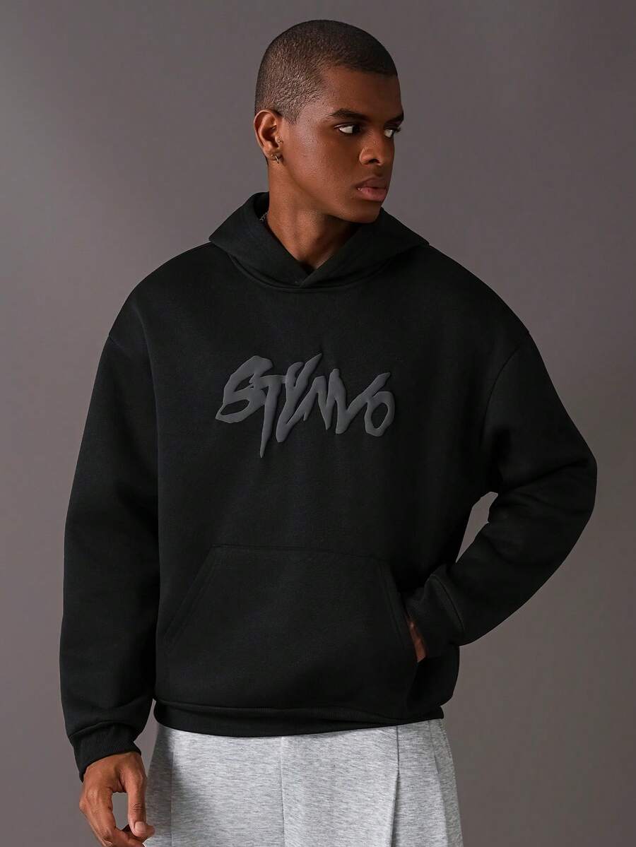 STYNVO 男士休闲字母印花连帽衫，秋冬季长袖上衣 - 黑色 - 查看 1