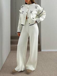 EURMUSE French Sweet Style Knit Cardigan Sweater Jacket For Women, With Embroidered Design, Paired With Flare Leg Pants, Autumn,Loungewear Set,Winter Co Ord Set,Co Ord,Winter Clothes,Knitted Co Ord Set - White - View 3