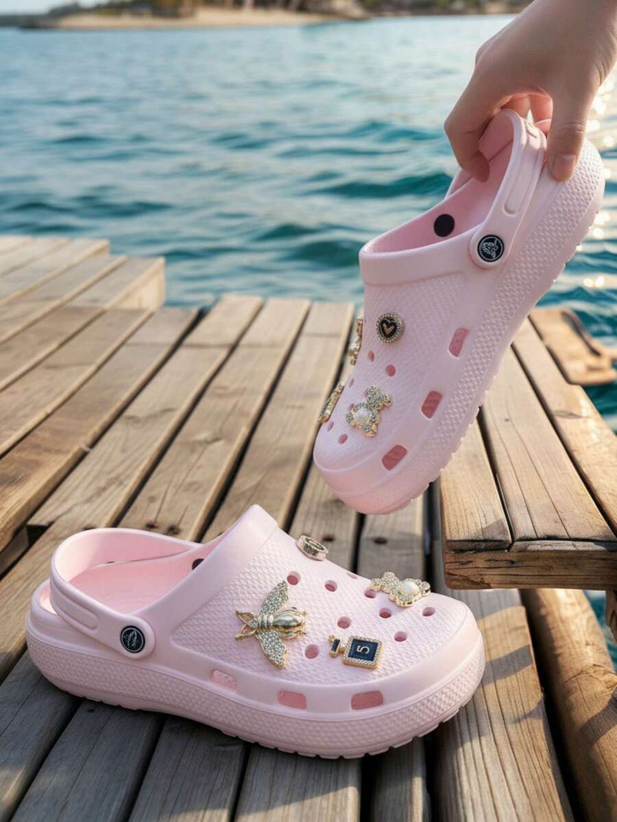 Chanclas para Mujer Estilo Casual con Encanto Metálico, Punta Redonda, Suela Gruesa, Verano, Para Playa y Diario - Rosa Pálido - Ver 1