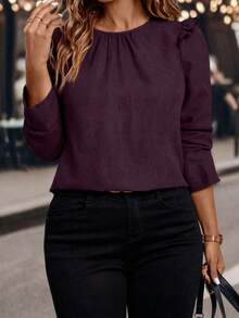 SHEIN Clasi Plus Size Women Regular Ruffle Hem Long Sleeve Shirt, Autumn/Winter - Burgundy - View 5
