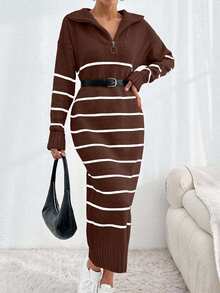 EURMUSE Women's Maxi Length Zipper Stripe Knitwear Dress,Petite - Brown - View 7