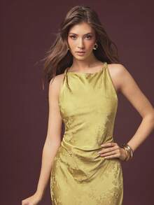 L'Amorae Women Satin Twist Neck Detail Pleated Midi Dress, Holiday Cocktail Homecoming Wedding Guest - Yellow - View 4