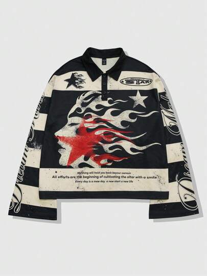 Street Life Herren Langarm Gestreiftes Poloshirt mit Aufdruck, Lässiger College-Stil Top