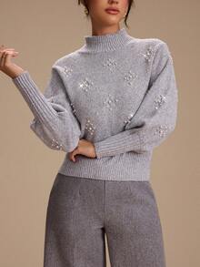 SHEIN Unity 女士新款灰色立领串珠设计毛衣，适合居家和通勤，冬季 - 灰色 - 查看 1