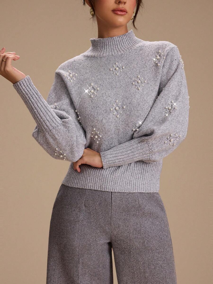 SHEIN Unity 女士新款灰色立领串珠设计毛衣,适合居家和通勤,冬季 - 灰色 - 查看 1