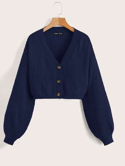 SHEIN EZwear Women's Fashion Navy Blue Crop Cardigan Casual V Neck Bishop Sleeve Button Front Knit Material Dark Cardigan,Fall