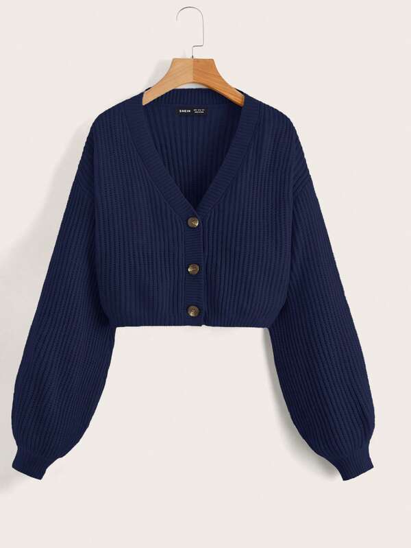 SHEIN EZwear 海军蓝 V 领纽扣前休闲开衫