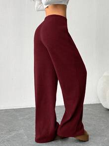 SHEIN EZwear 女士休闲纯色宽松罗纹针织裤舒适阔腿裤酒红色阔腿裤阔腿针织裤女士阔腿裤阔腿运动裤舒适裤酒红色裤女士阔腿裤，秋季，女士秋装 - 酒紅色 - 查看 2
