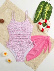 SHEIN 女童豹纹细肩带连体泳衣