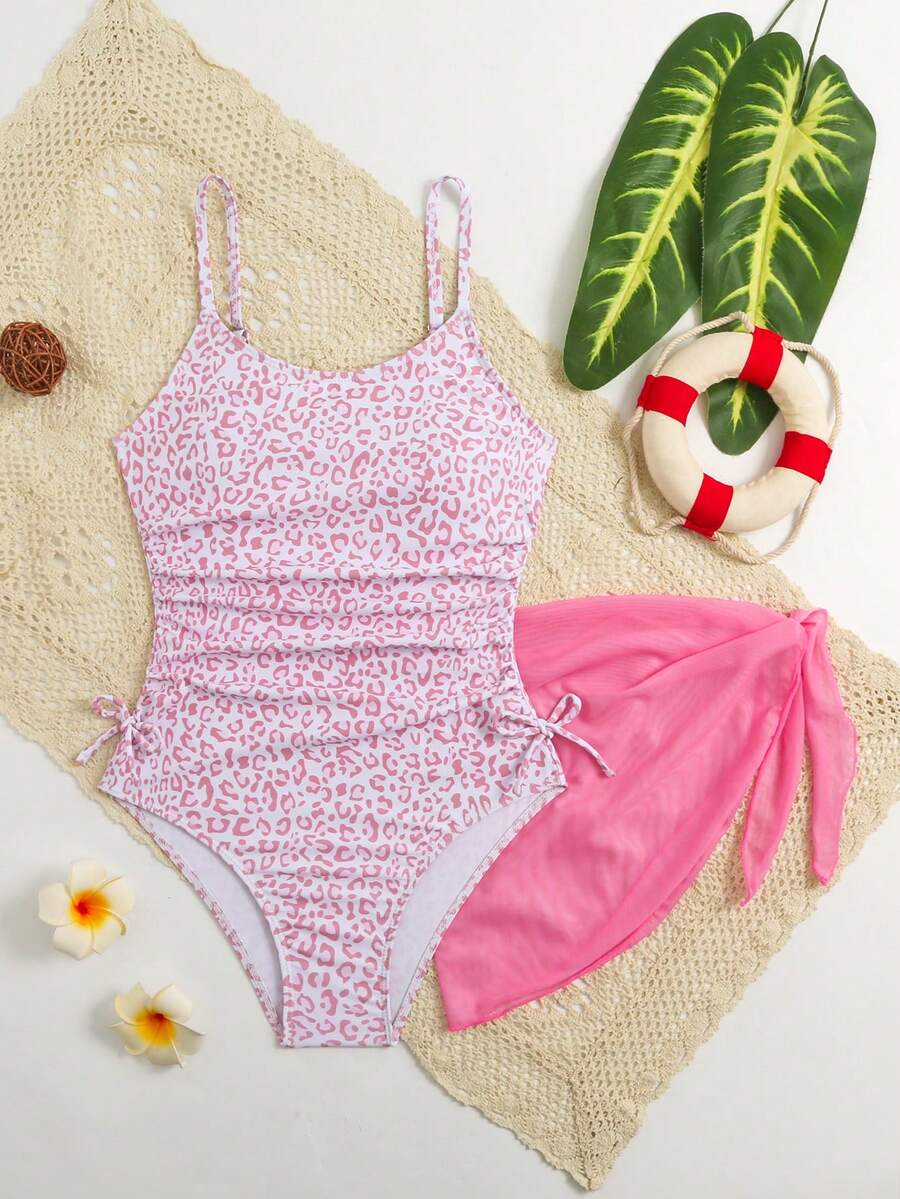 SHEIN 女童豹纹细肩带连体泳衣