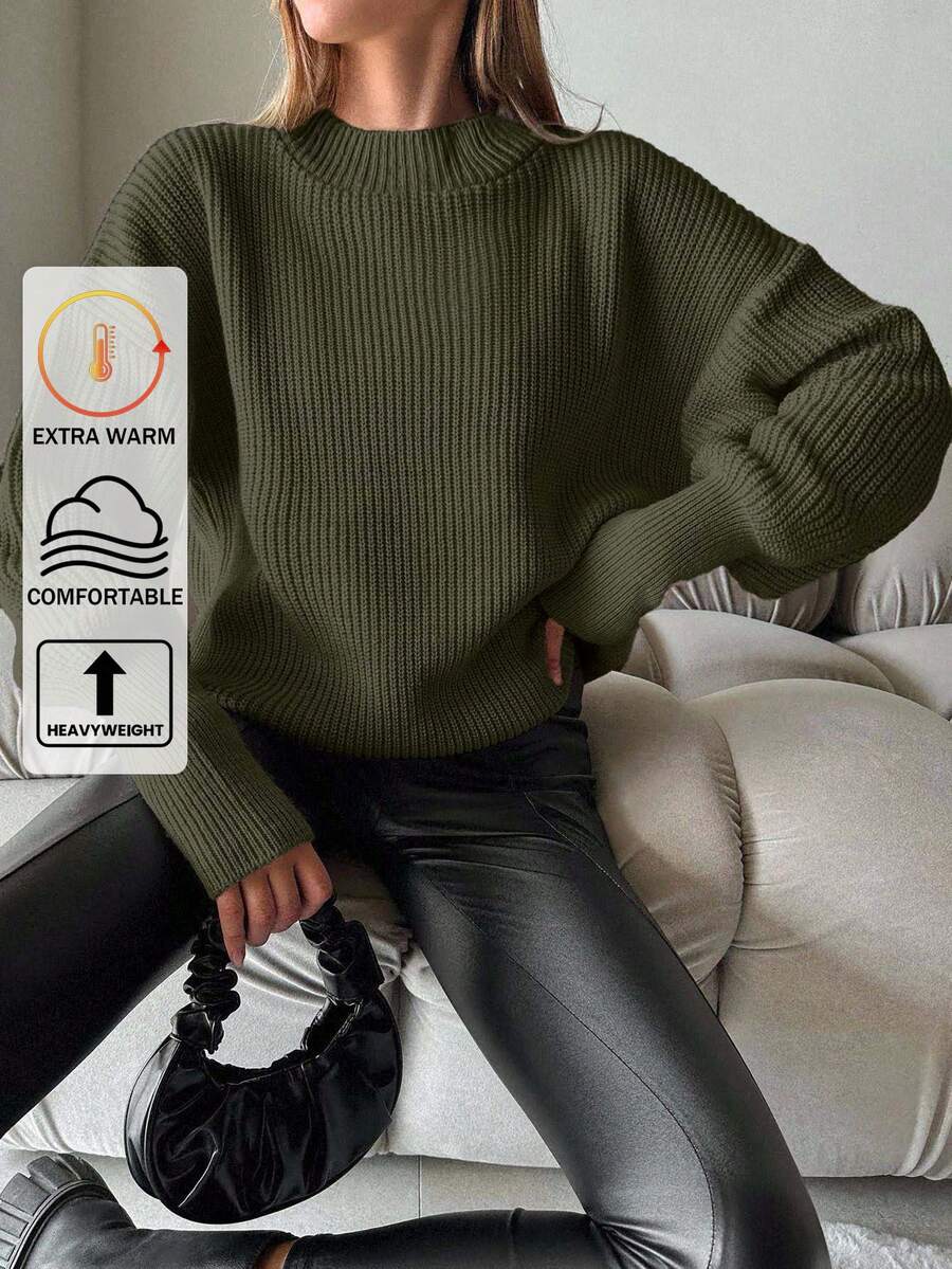 EURMUSE Women Round Neck Raglan Long Sleeve Loose Knit Sweater - Dark Green - View 1
