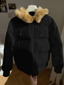 Muchica Women's Faux Fur Patchwork Hooded Zip-Up Long Sleeve Padded Coat Autumn Winter Clothes For Women Black Black Jacket Oversized Jacket Crop Jacket