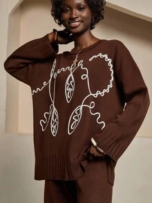 Bóhologie 2pcs Women Embroidered Sweater & Knitted Pants Set, Autumn/Winter Brown Outfits For Women,Co Ord,Petite - Coffee Brown - View 8