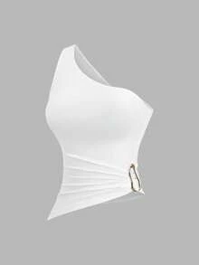 Conjunto de blusa para mujer con cuello asimétrico, un hombro y decoración de hebilla metálica, nuevo para primavera/verano, adecuado para vacaciones en la playa - Multicolor 7 - Ver 4