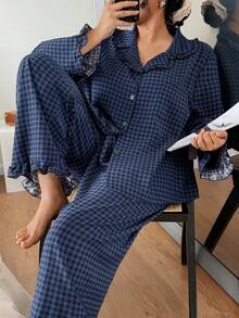 Plus Size Plaid Lapel Top & Pants Pajama Set Fall Winter Clothes - Multicolor - View 3