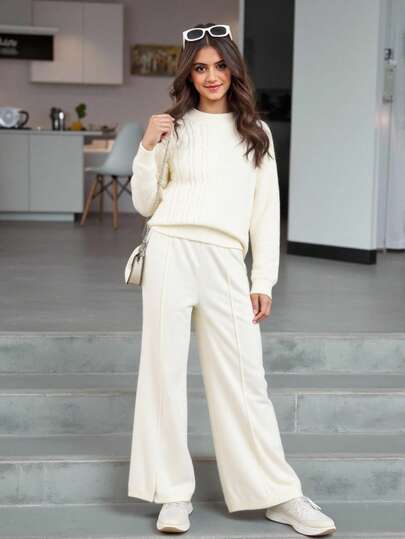 SHEIN Explorewe Tween Girls – Stickad, texturerad långärmad tröja och slitsade byxor i casual-stil – Loungewear-set