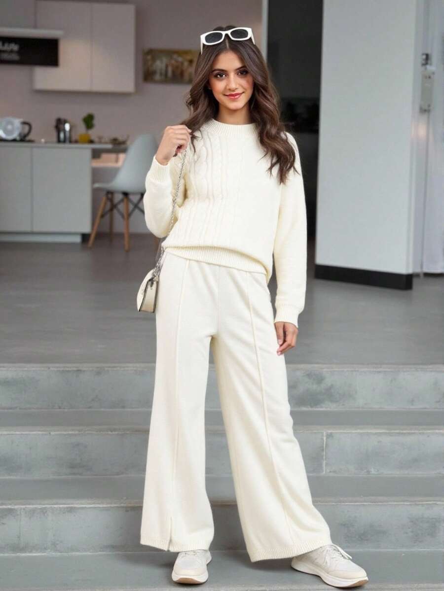 SHEIN Explorewe 青少年女孩针织纹理长袖毛衣和开衩裤休闲家居服套装 - 白色 - 查看 1
