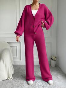 EURMUSE 2pcs Women Sweater Set, Solid Color Cardigan And Knit Pants,Petite,Winter Clothes - Hot Pink - View 5