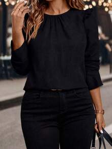 EMERY ROSE Camisa de manga larga con volantes en el bajo para mujer de talla grande, otoño/invierno - Negro - Ver 6
