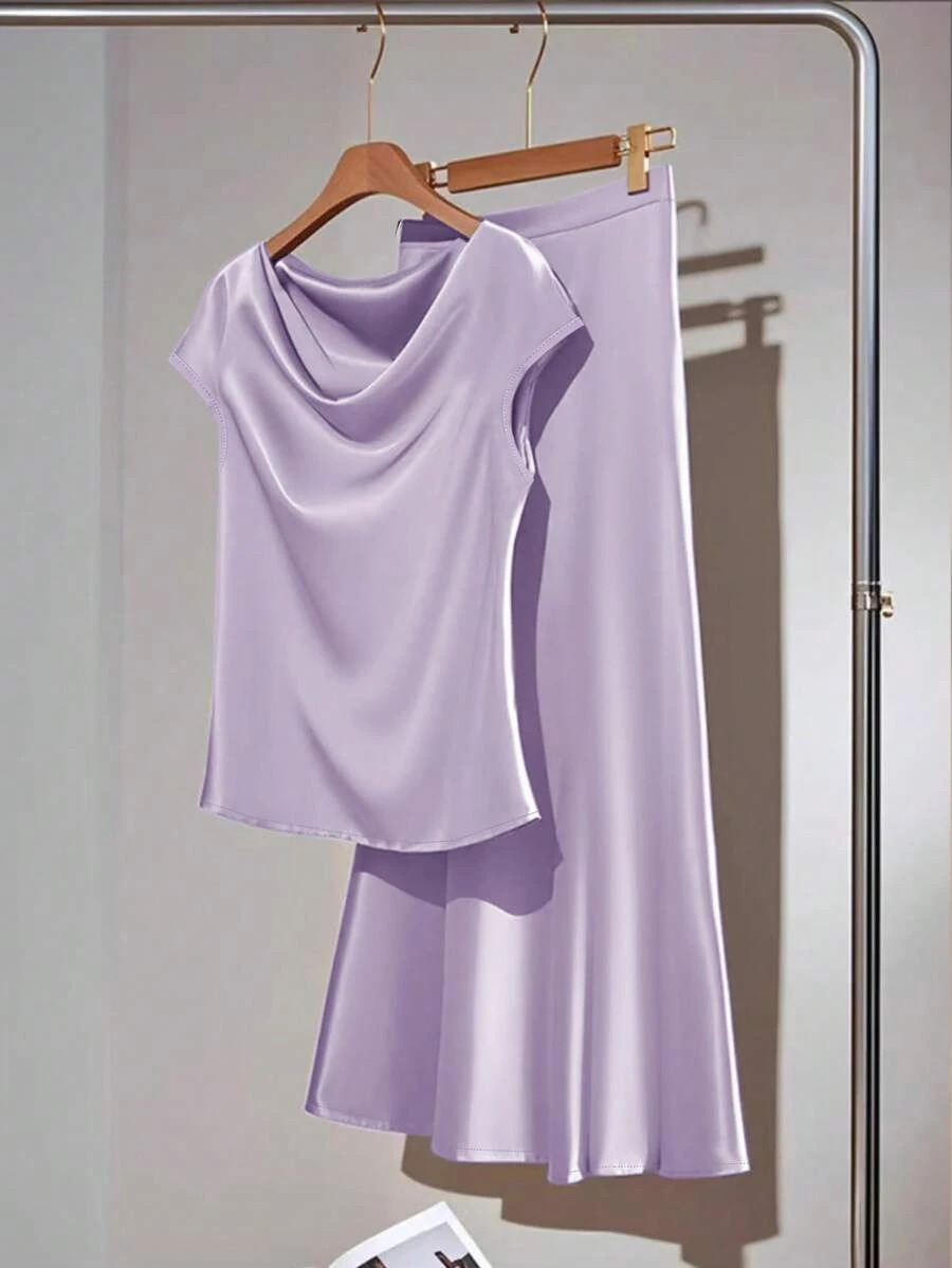 SHEIN Clasi 女士纯色垂褶领短袖衬衫和裙子两件套,优雅 - 紫色 - 查看 1