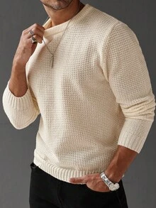 Manfinity Homme 加大码男士纯色圆领长袖休闲针织套头毛衣，秋冬季 - 米色 - 查看 3