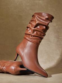 SHUZIA Sepatu Boots Wanita Seksi Ujung Lancip Hak Kitten Setinggi Betis - Chocolate Brown - View 2
