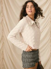 Aralina Cardigan a maniche lunghe in maglia traforata con colletto arricciato alla Peter Pan e bottoni, cardigan girocollo carino autunnale, maglione caldo - Beige - Visualizzare 2