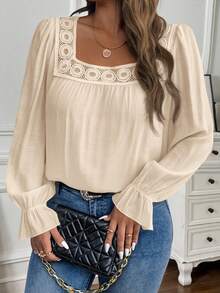 EMERY ROSE Blusa de manga larga con cuello cuadrado elegante y de moda para mujer de talla grande - Albaricoque - Ver 1